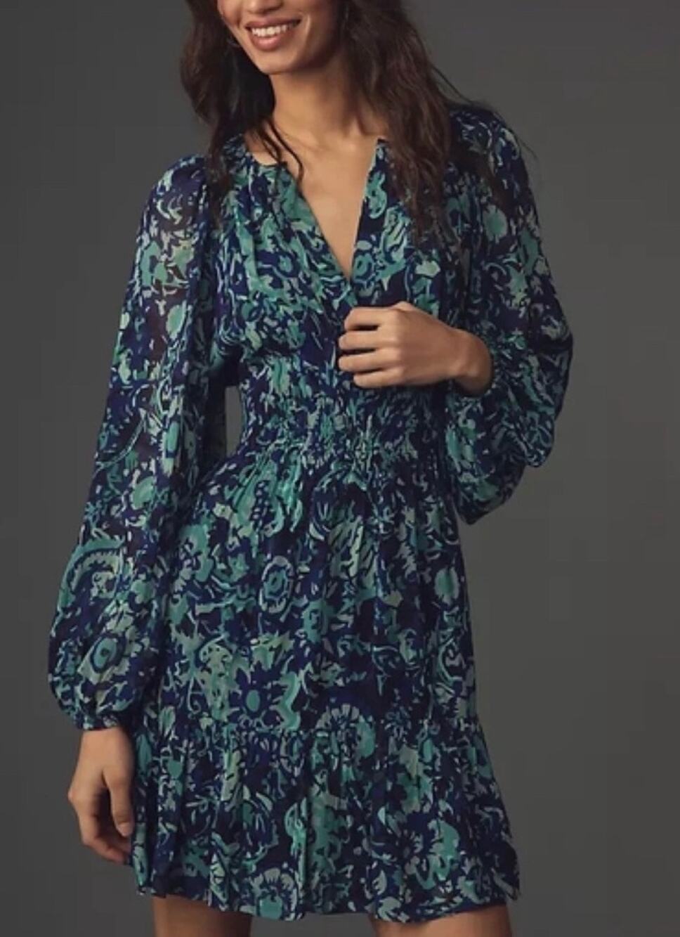 Anthropologie Somerset Mini Dress S Blue Green Floral Long Sleeve Smocked